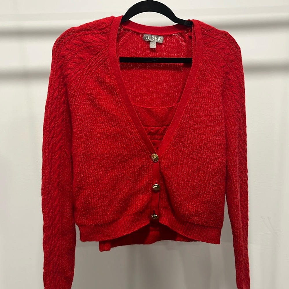 J.Crew super soft cropped cable knit cardigan-tank top red, size M.